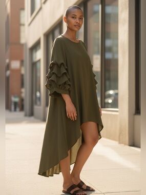 Patrizia Luca dress, olive green, size M/L. High low. Bouffant ruffled sleeves.